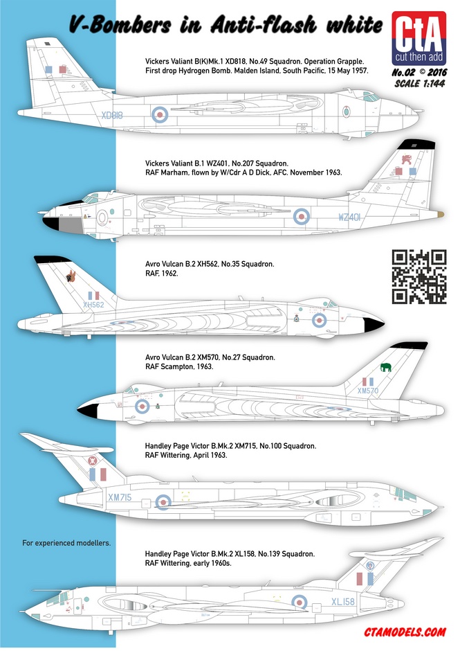 Cut then Add CTA-002 "V-Bombers in Anti-flash white" - Vickers Valiant, Avro Vulcan, Handley-Page Victor. 6 Markings.