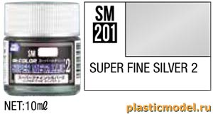 Gunze Sangyo SM201, SM201 Super Fine Silver 2 metallic Mr. Color Super Metallic 2 solvent-based paint 10 ml. (Супер Чистое Серебро 2 металлик, акриловая краска «Мр.Колор Супер Металлик 2» на растворителе 10 мл)
