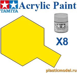 Tamiya 81508, X-8 Lemon Yellow gloss, acrylic paint mini 10 ml. (Лимонный Жёлтый глянцевый, краска акриловая, 10 мл.)