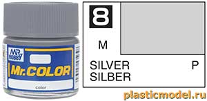 Gunze Sangyo C8, 8 Silver metallic, Mr. Color solvent-based paint 10 ml. (Серебро металлик, краска акриловая на растворителе 10 мл.)